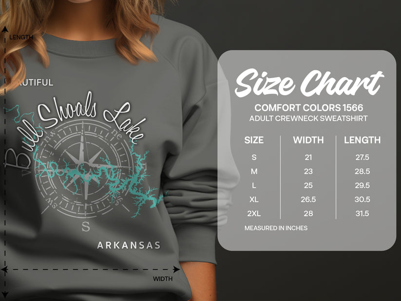 Size chart for Comfort Colors 1566 adult crewneck sweatshirt in inches.