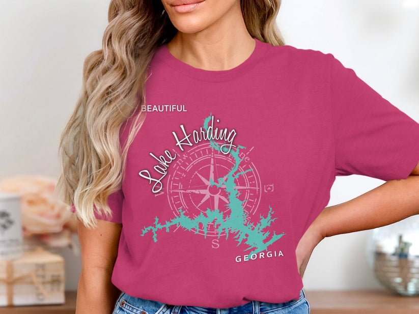 Pink t-shirt with Lake Harding Georgia compass design.