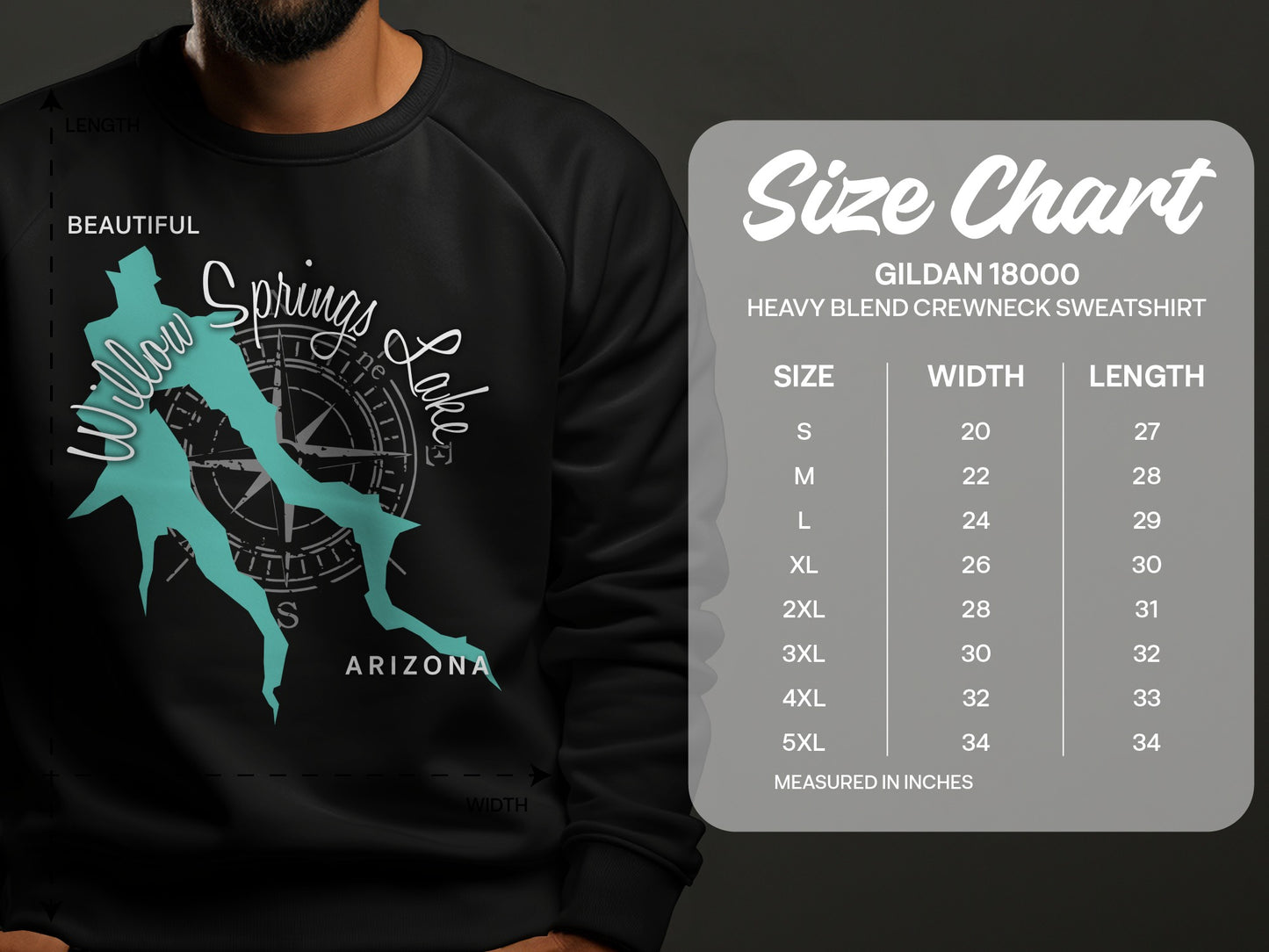 Crewneck sweatshirt size chart with Willow Lakes Arizona graphic.