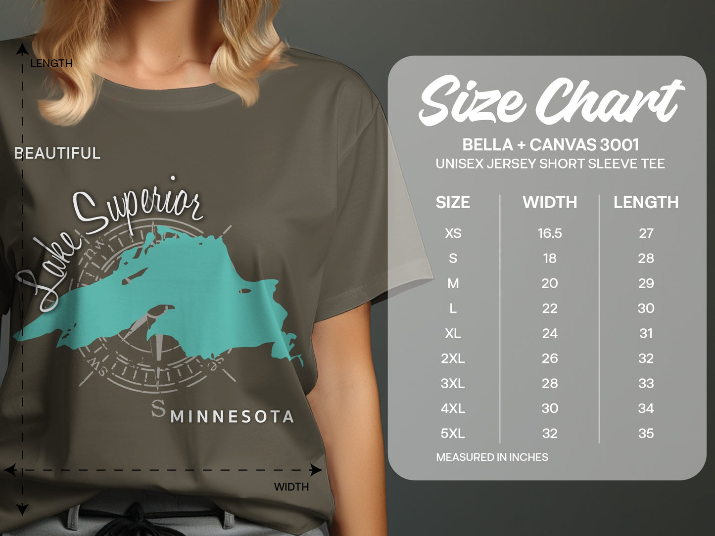 Size chart for Bella + Canvas 3001 unisex short sleeve tee with measurements.