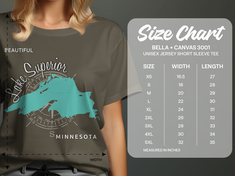 Size chart for Bella + Canvas 3001 unisex short sleeve tee with measurements.