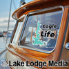 Sticker on boat window: Eagle mountain Life, and Lake Lodge Media text.