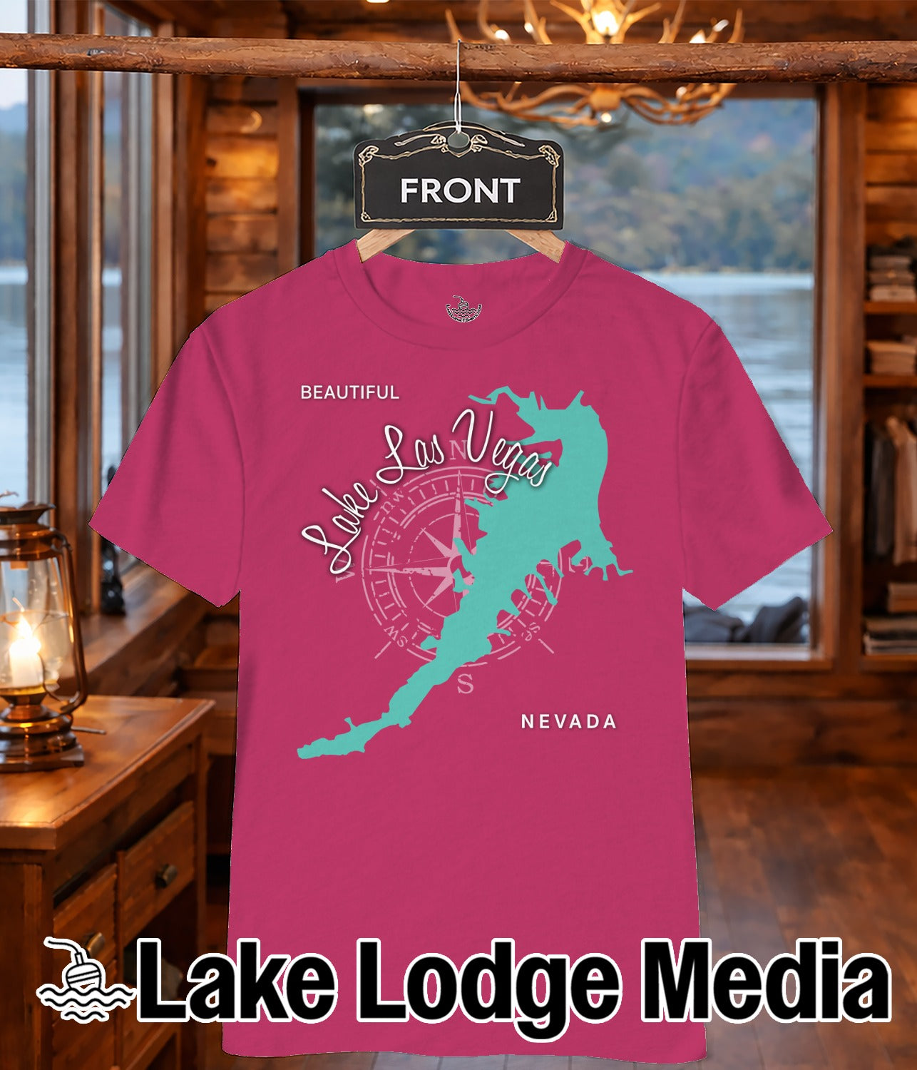 Pink t-shirt with turquoise Lake Las Vegas map and compass design.