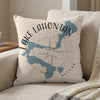 Pillow with blue Lake Lahontan map and compass graphic, text "LAKE LAHONTAN NEVADA"