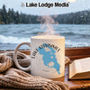 White mug with "Lake Kissimmee Florida" design and compass, by rainy window.