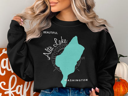 Black sweatshirt with "Beautiful Alta Lake Washington" and a turquoise lake map graphic.