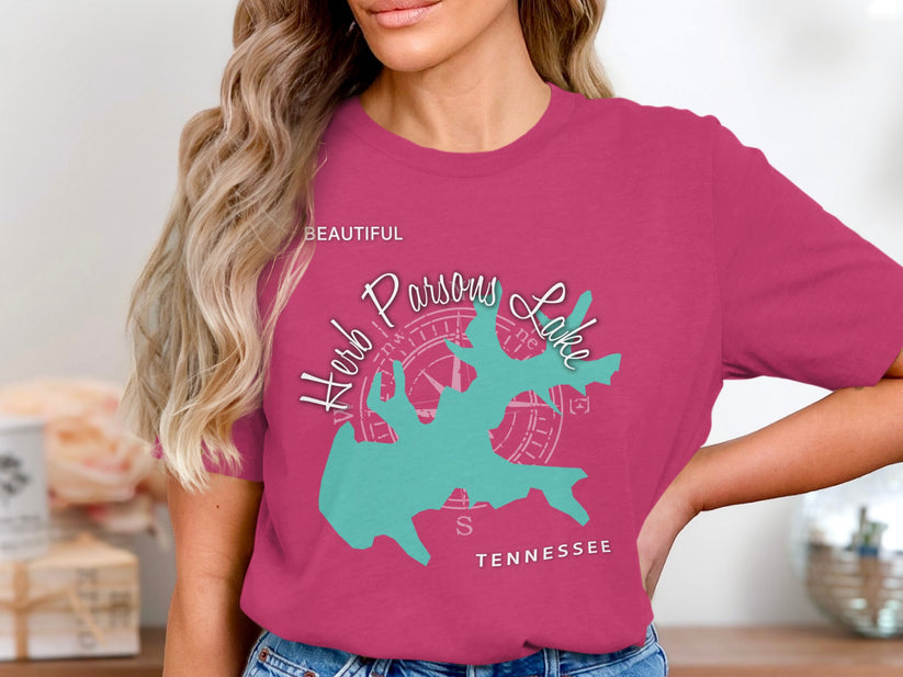 Pink t-shirt featuring a teal map outline of Herb Parsons Lake, Tennessee.