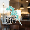 Turquoise lake outline sticker with "Evergreen Life" text and copyright.