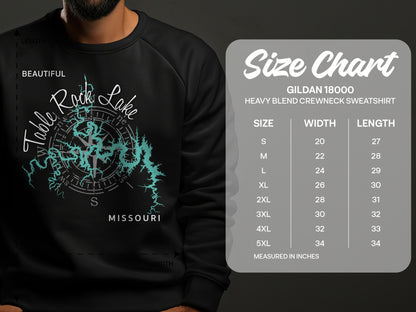Crewneck sweatshirt with Table Rock Lake map and GILDAN 18000 size chart.