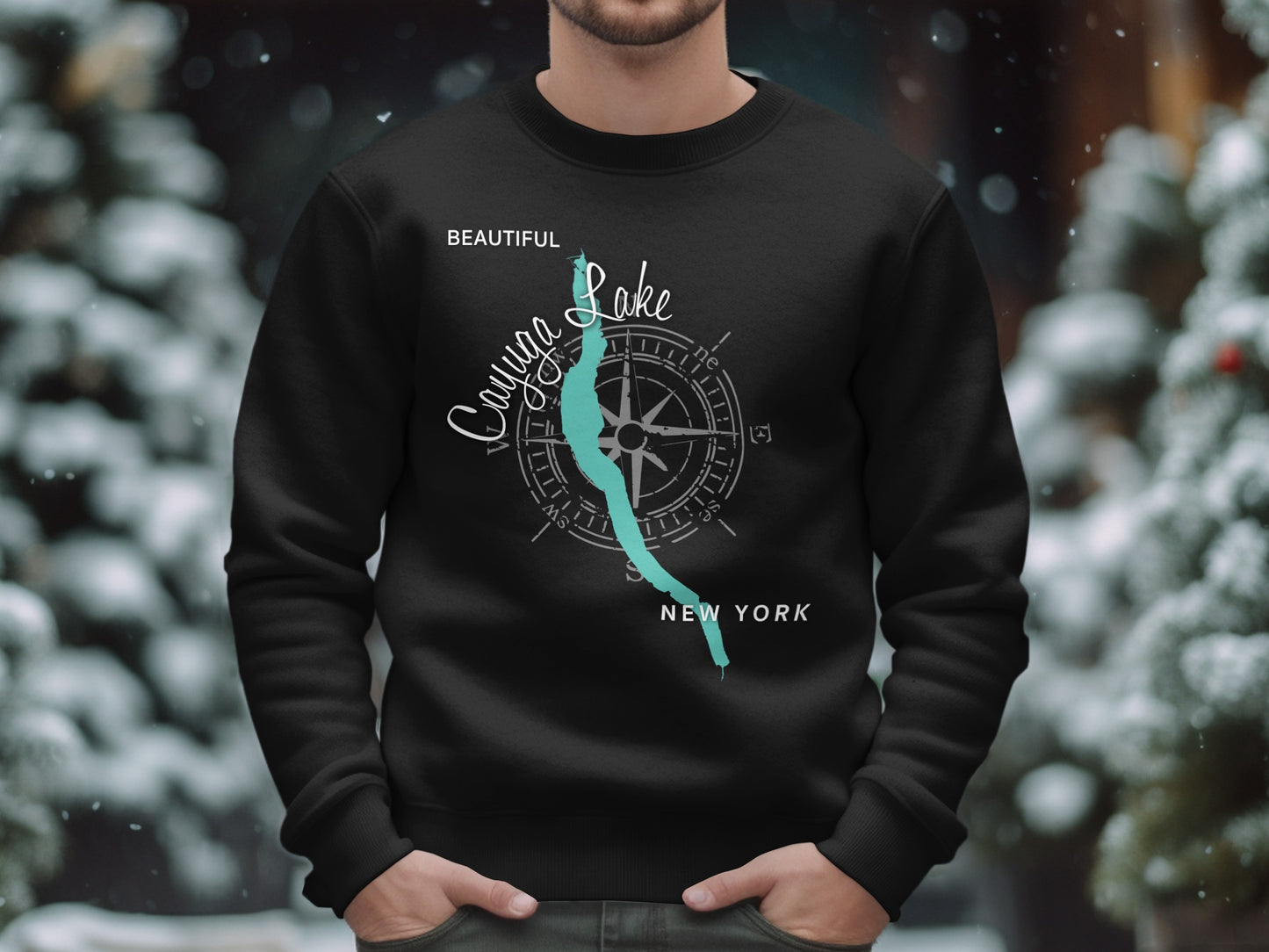 Black sweatshirt with Cayuga Lake map and compass design.