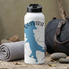 White water bottle with blue Quivira outline and compass graphic.