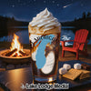 Glass with Michigan graphic, campfire, lake, and s'mores ingredients at night.