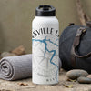 White water bottle with compass and "Northville Lake West" design.