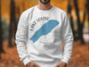 White crewneck sweatshirt with Lake Louise and Banff map design.