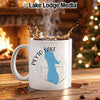 White mug with "Peyto Lake Banff" and a blue lake silhouette with compass rose.