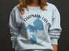 Light blue sweatshirt with "Big Chapman Lake Indiana" map design and compass.