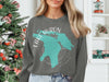 Grey sweatshirt with teal Lake Huron map graphic and compass.