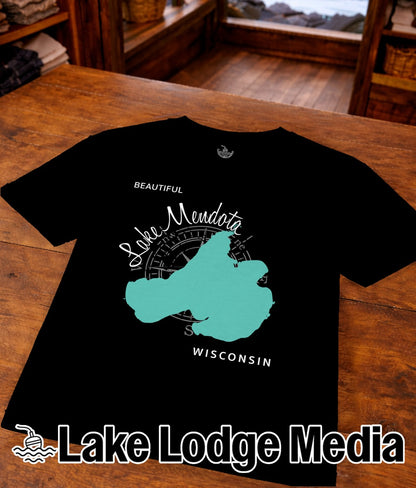 Black t-shirt with "Lake Mendota Wisconsin" text and compass rose design.