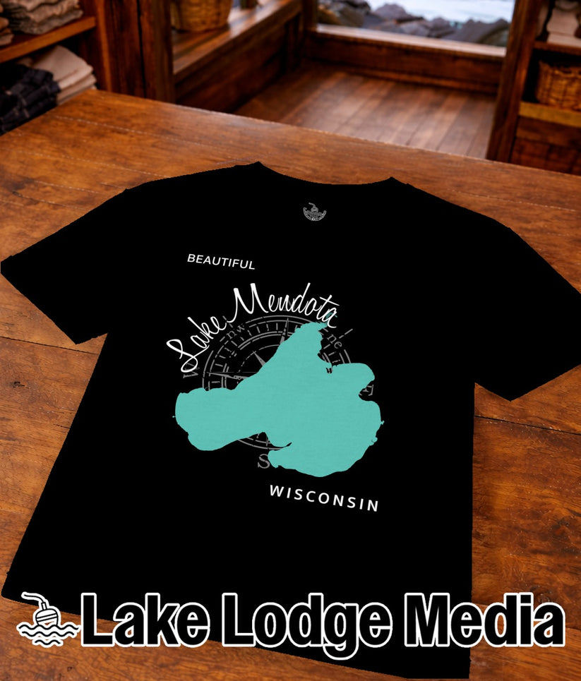 Black t-shirt with "Lake Mendota Wisconsin" text and compass rose design.