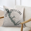 Pillow with Cedar Creek Lake map graphic and compass rose design.