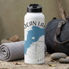 White water bottle with "American Lakes" text, blue map, and compass rose design.