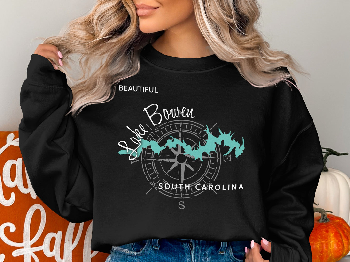 Black sweatshirt with "Beautiful Lake Bowen South Carolina" and compass graphic.