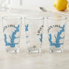 Three clear glasses feature Lavon Lake map graphics and compass rose designs.