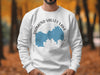 White sweatshirt with Diamond Valley Lake California map and compass design.