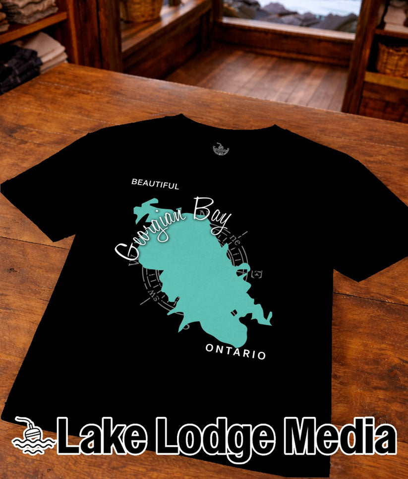 Black t-shirt with "Georgian Bay ONTARIO" map design and "Lake Lodge Media" logo.