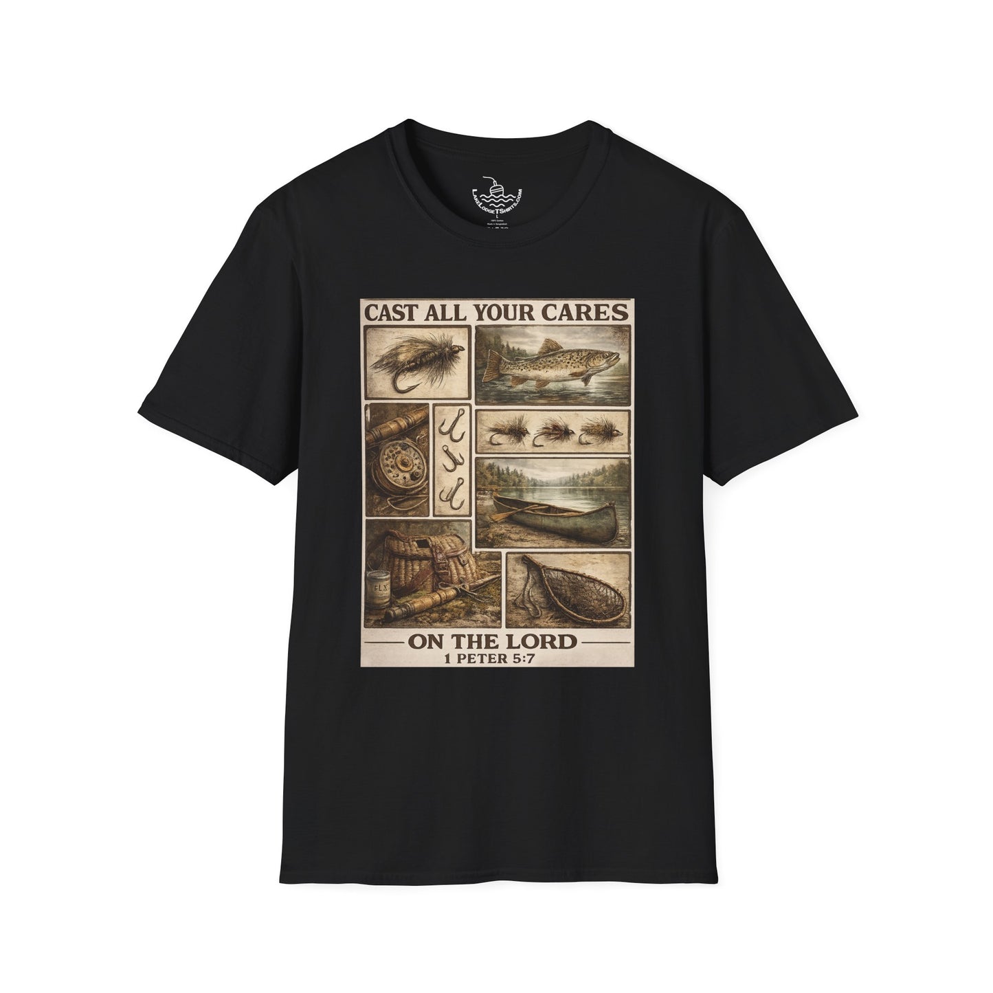 Fly Fishing Cast All Your Cares Upon the Lord Scripture T-Shirt | 1 Peter 5:7 Bible Verse for Fisherman, Father's Day