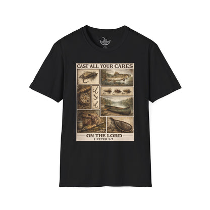 Fly Fishing Cast All Your Cares Upon the Lord Scripture T-Shirt | 1 Peter 5:7 Bible Verse for Fisherman, Father's Day