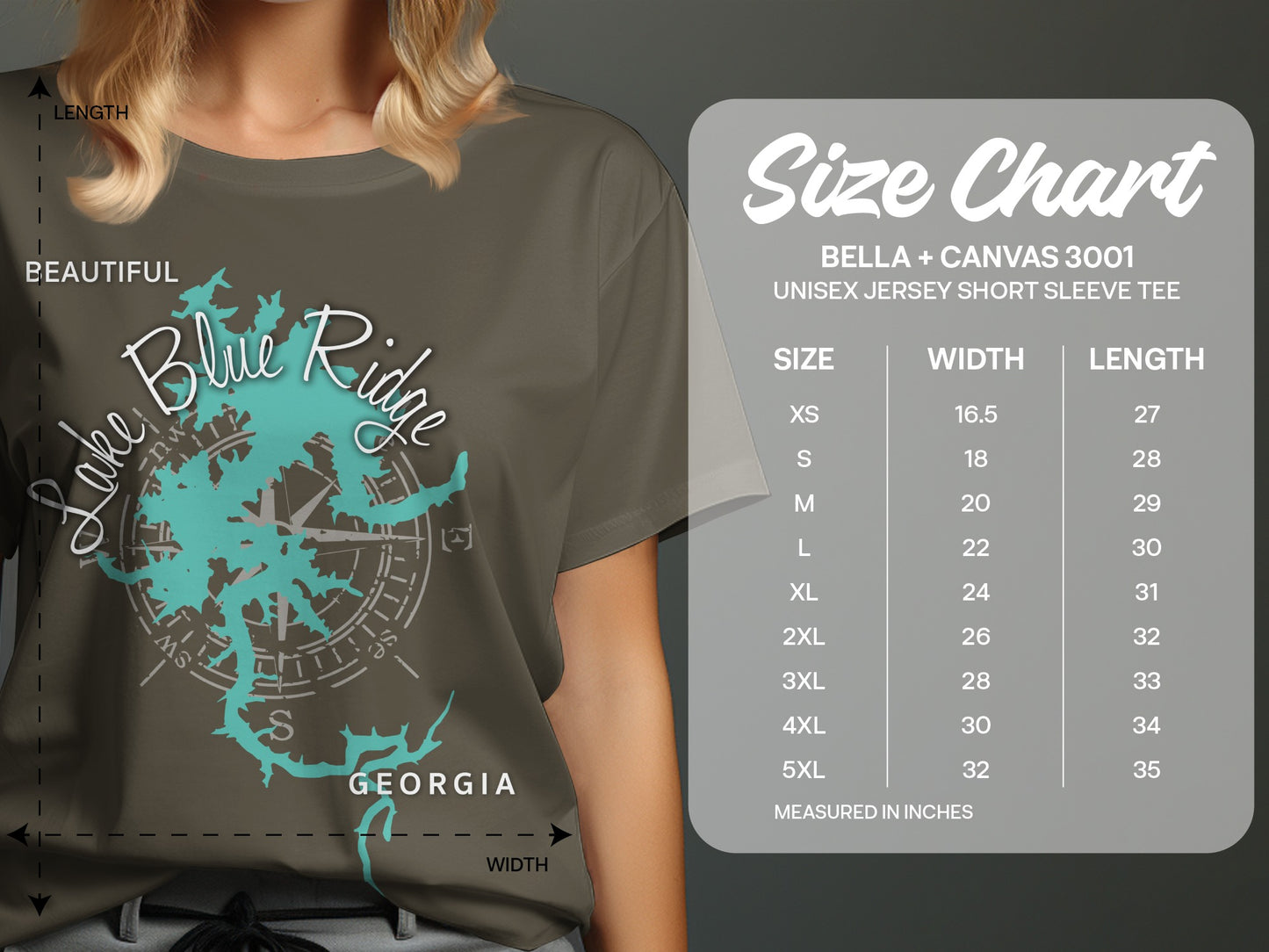 T-shirt size chart for Bella+Canvas 3001 unisex short sleeve tee.