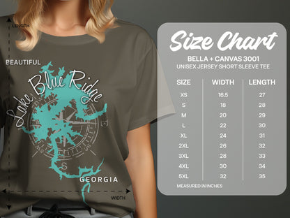 T-shirt size chart for Bella+Canvas 3001 unisex short sleeve tee.