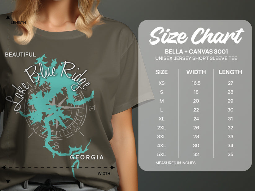 T-shirt size chart for Bella+Canvas 3001 unisex short sleeve tee.