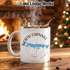 White mug with "North Channel Ontario" and map graphic, steaming hot coffee.