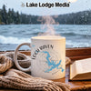 White mug with Loch Raven, Maryland map and compass design.