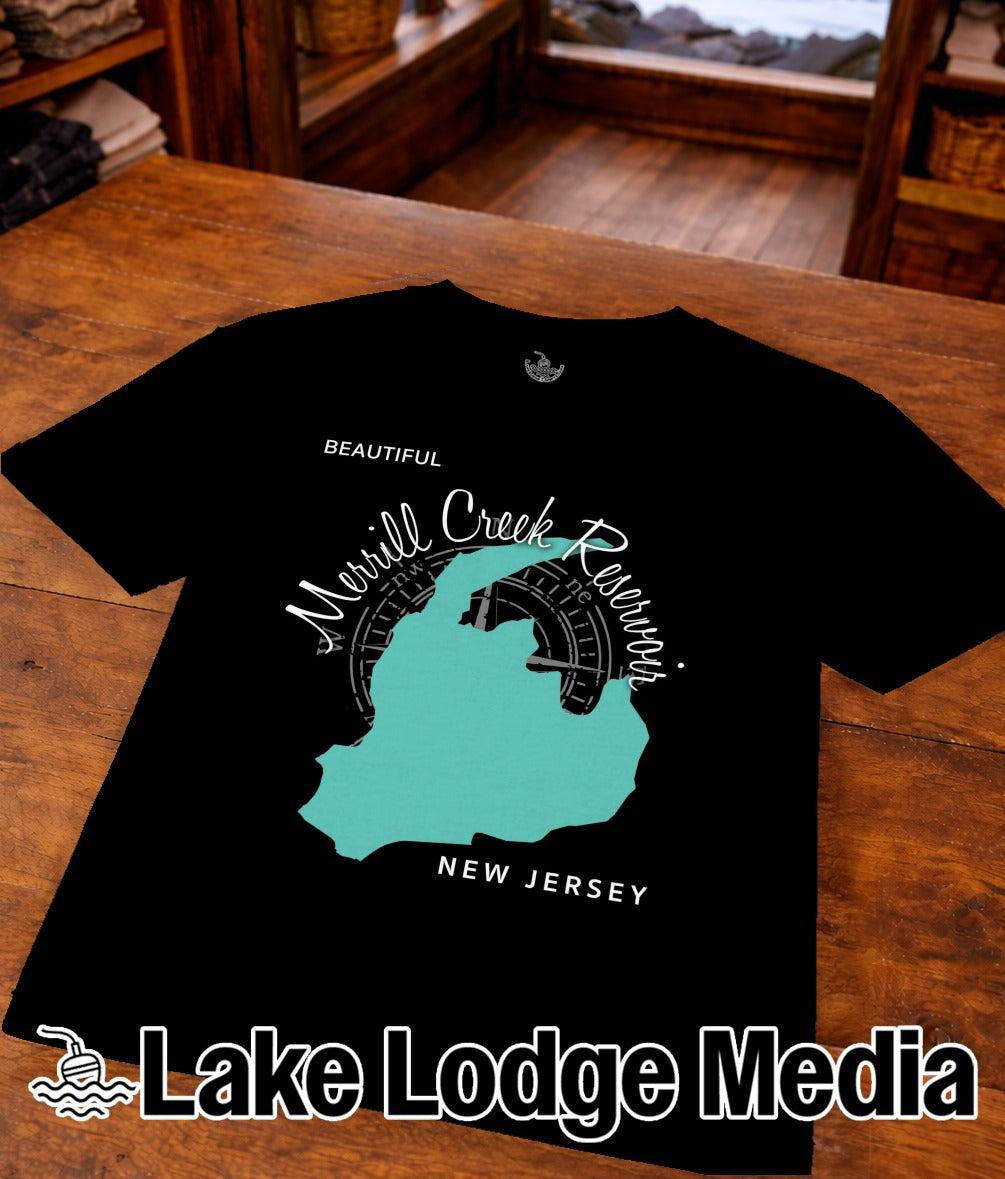 Black t-shirt with "Merrill Creek Reservoir New Jersey" map graphic.