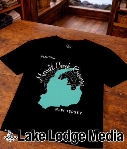 Black t-shirt with "Merrill Creek Reservoir New Jersey" map graphic.
