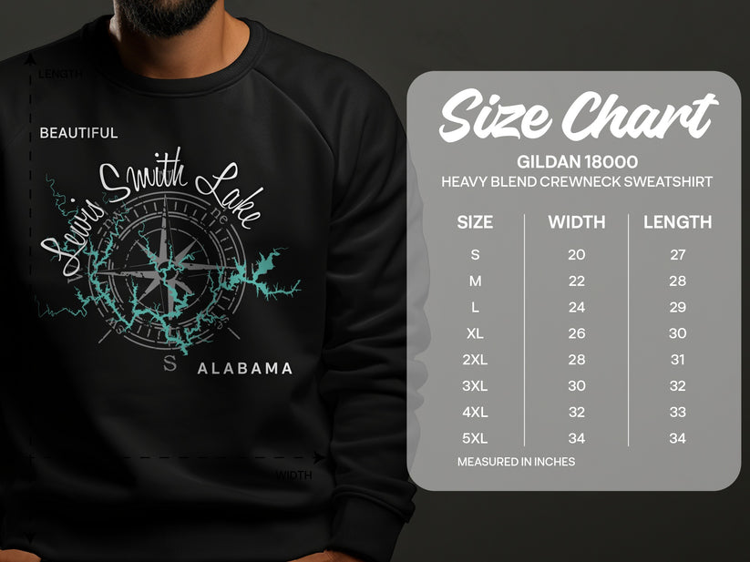 Crewneck sweatshirt with Smith Lake map and Alabama text, plus size chart.