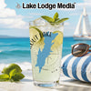 Glass with lake outline graphic, lime, mint, ice, and "OUT LAKE" text.
