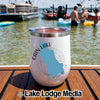 White insulated wine tumbler with a Cain Lake Washington map logo, sitting on a wooden boat deck.