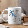 White mug with blue map of Nottely Lake, Georgia, and compass rose.