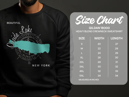 Crewneck sweatshirt size chart with measurements for Gildan 18000 and map of Oneida Lake.