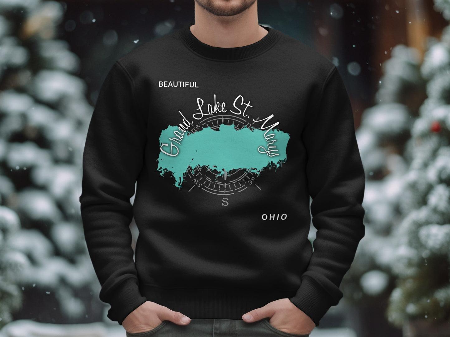 Black sweatshirt with "Beautiful Grand Lake St. Marys Ohio" map graphic.