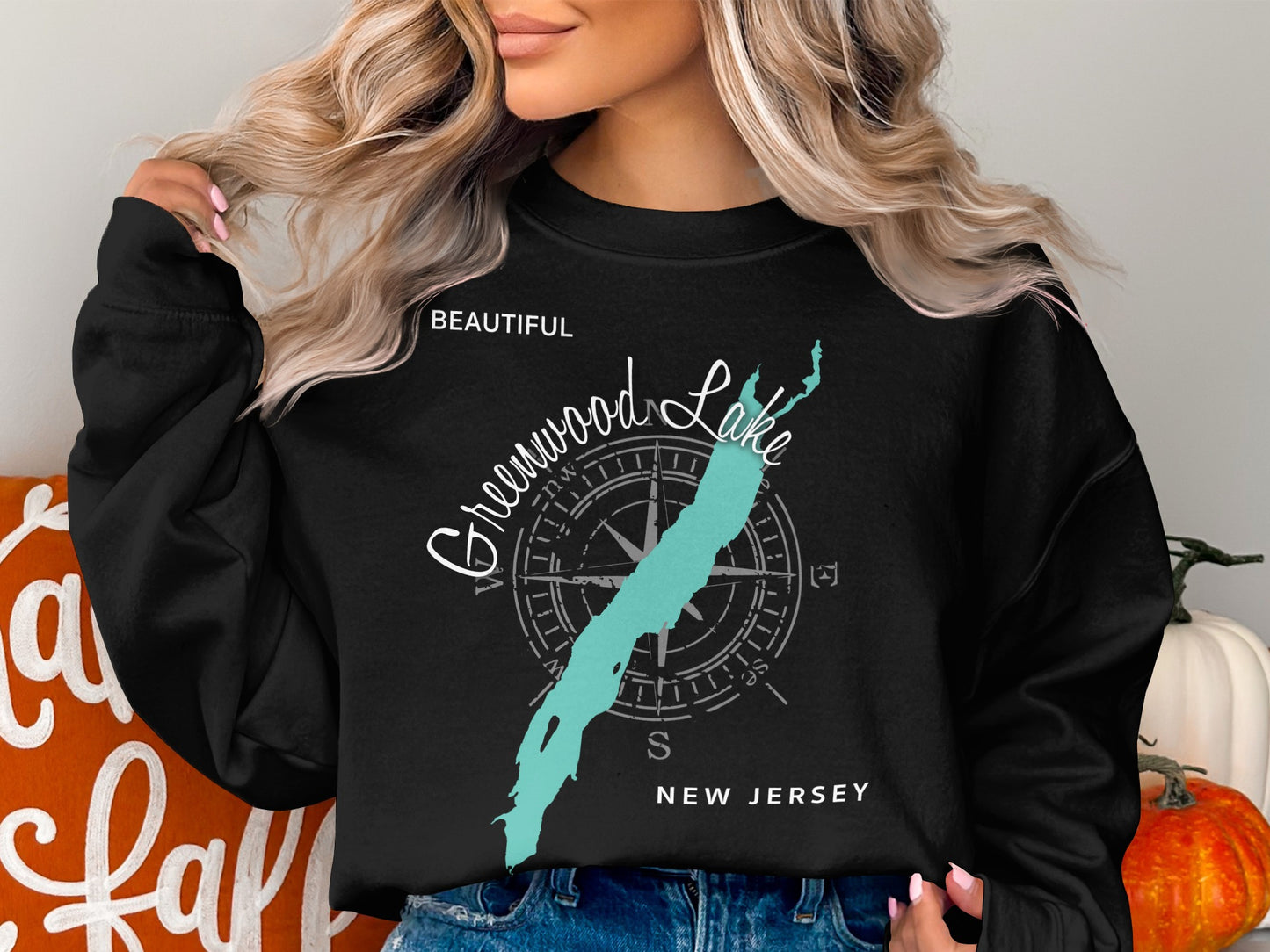 Black sweatshirt featuring Greenwood Lake, New Jersey map and compass design.