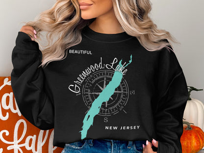 Black sweatshirt featuring Greenwood Lake, New Jersey map and compass design.