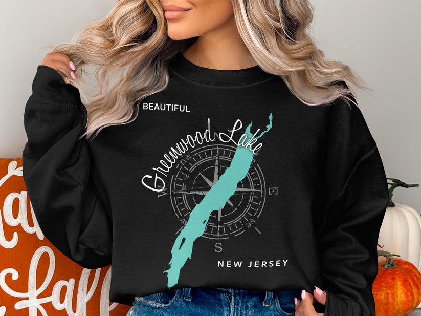 Black sweatshirt featuring Greenwood Lake, New Jersey map and compass design.
