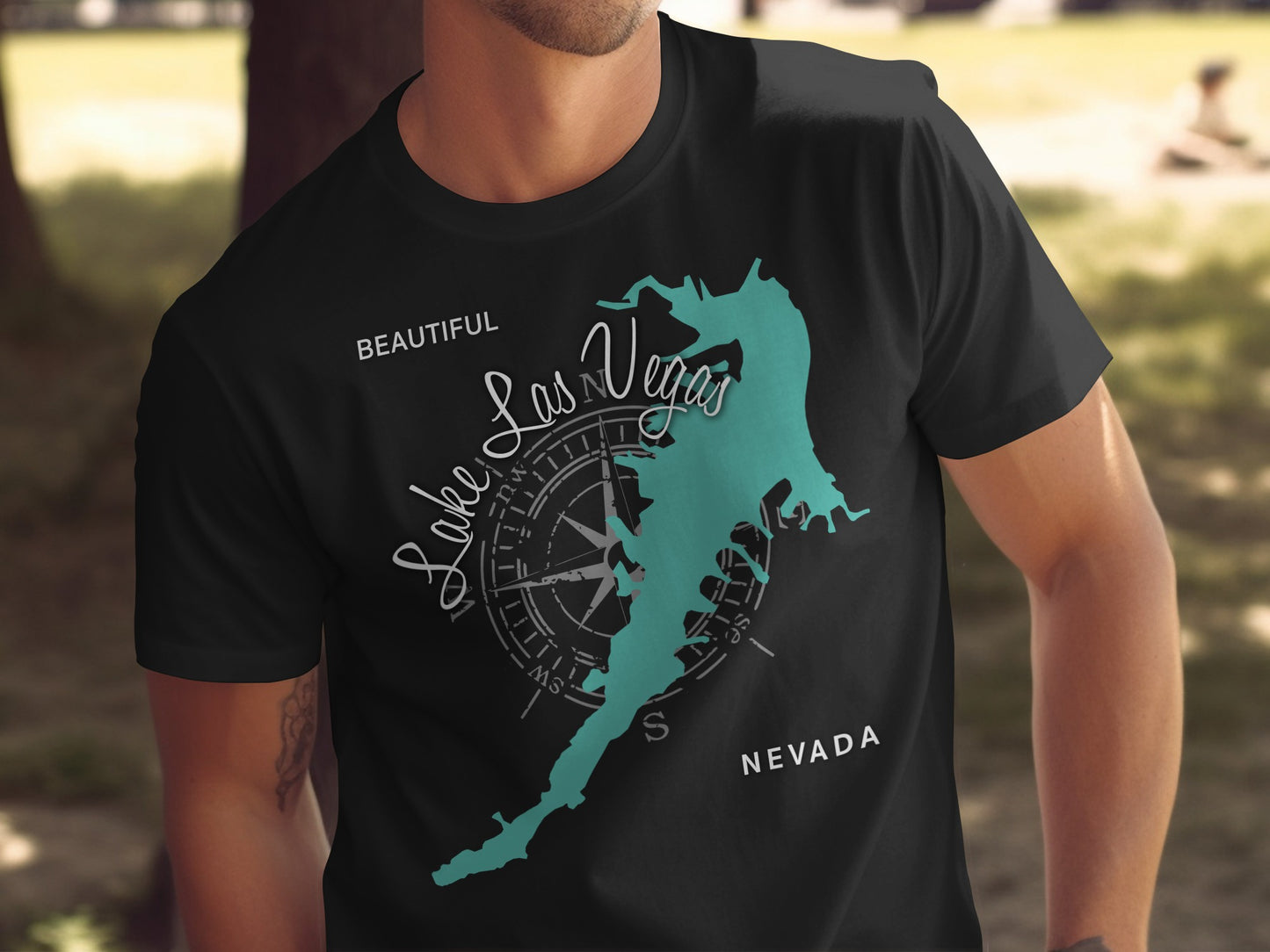 Black t-shirt with Lake Mead, Nevada map, compass, and text.