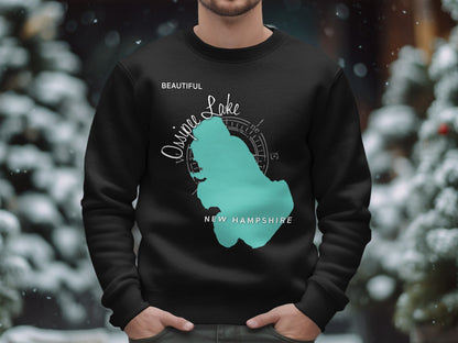 Black sweatshirt with a teal map of Ossipee Lake, New Hampshire.