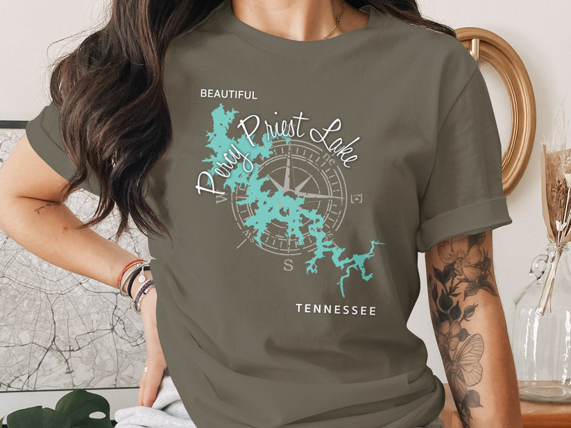 Tennessee t-shirt with Percy Priest Lake map and compass design.